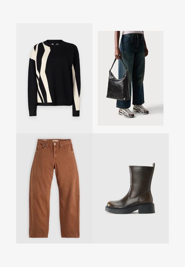 Black knit sweater featuring an abstract cream pattern. Crew neckline, long sleeves, and ribbed cuffs. Soft texture with a relaxed fit.; Rust brown straight-leg jeans with front and back pockets, metal rivets, button closure, and belt loops, laid flat on a white background.; Dark brown mid-calf leather boot with a rounded toe, thick black sole, low block heel, and pull tab at the back.; Black leather shoulder bag with a smooth texture and adjustable strap, paired with faded wide-leg jeans and athletic sneakers.