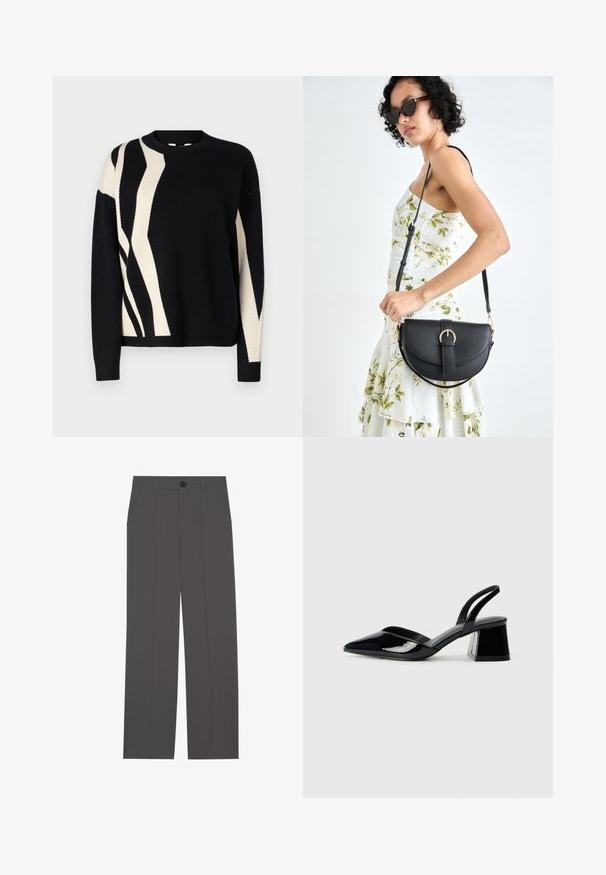 Pull en maille noir avec un motif abstrait crème. Encolure ras du cou, manches longues et poignets côtelés. Texture douce avec une coupe décontractée.; Pantalons gris avec une coupe droite, comprenant deux poches latérales et une fermeture à bouton. Tissu lisse sans motifs ni accents visibles.; Escarpins en cuir verni noir avec bout pointu et talon bloc géométrique. Présente un design élégant et minimaliste ainsi qu'une texture lisse.; Sac à main en cuir noir avec une forme courbée, bandoulière amovible et des accessoires en or. Le sac est doté d'un rabat avec un détail de boucle.
