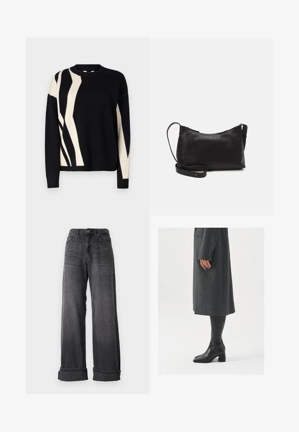 Black knit sweater featuring an abstract cream pattern. Crew neckline, long sleeves, and ribbed cuffs. Soft texture with a relaxed fit.; Wide-leg jeans in dark gray denim, featuring a high waist, five pockets, and rolled cuffs for added detail. Smooth texture with subtle fades.; Gray, tailored overcoat with a straight cut; paired with knee-high black leather boots featuring a square toe and chunky heel.; Black leather shoulder bag with a smooth texture, curved shape, adjustable strap, and a zip closure. Minimalist design without embellishments.