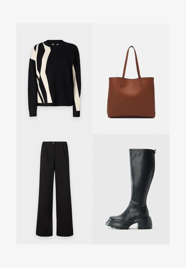 Maglione nero a maglia con un motivo astratto color crema. Collo a giro, maniche lunghe e polsini a costine. Texture morbida con vestibilità comoda.; Pantaloni neri a vita alta con gamba larga, dotati di chiusura frontale con bottone e zip, caratterizzati da sottili pieghe sotto la vita.; Stivale lungo in pelle nera con suola piatta robusta e tacco a blocco, dotato di linguetta e battistrada testurizzato sulla suola.; Borsa tote in pelle marrone con texture liscia, design con apertura superiore e due spallacci. Presenta cuciture minime e nessun hardware visibile.