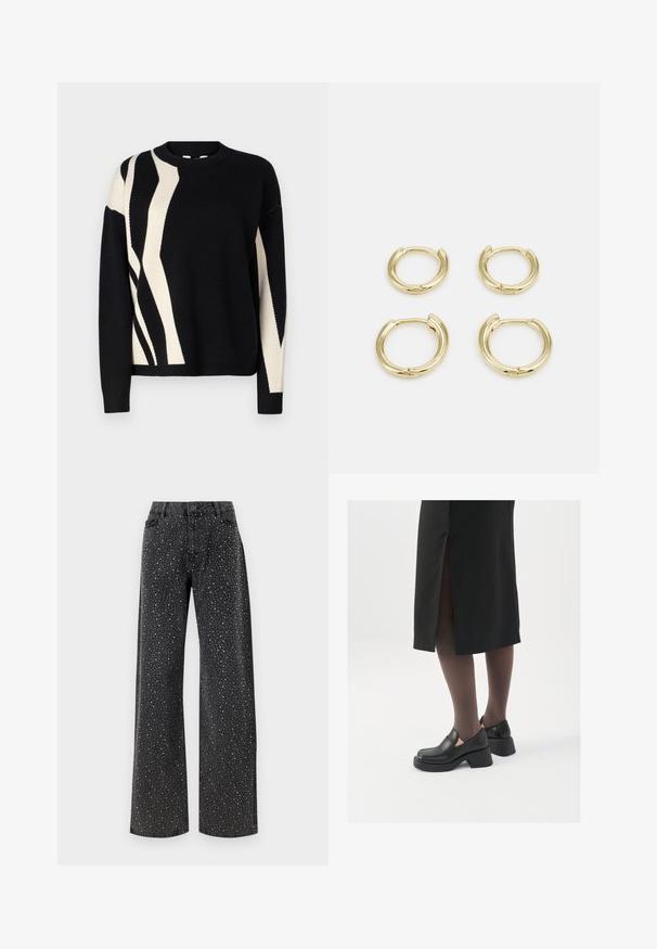 Mustat neuleet väriin, jossa on abstrakti vaaleankerman kuvio. Pyöreä kaula-aukko, pitkät hihat ja ribbauskut. Pehmeä tekstuuri ja rento istuvuus.; Noisy May NMJANNEL LOOSE - Relaxed fit -farkut - black denim; Mustat nahkakengät pyöreällä kärjellä, paksulla lohkopohjalla ja joustavilla sivuakkesseilla, yhdistettynä tummiin sukkahousuihin ja mustaan hameeseen, jossa on halkio.; Kultaketjuiset korvakorut, neljä kappaletta, sileä pinta, pyöreä muotoilu, vaihtelevat koot, joissa on saranaulkokoukku helppoa pukemista varten.