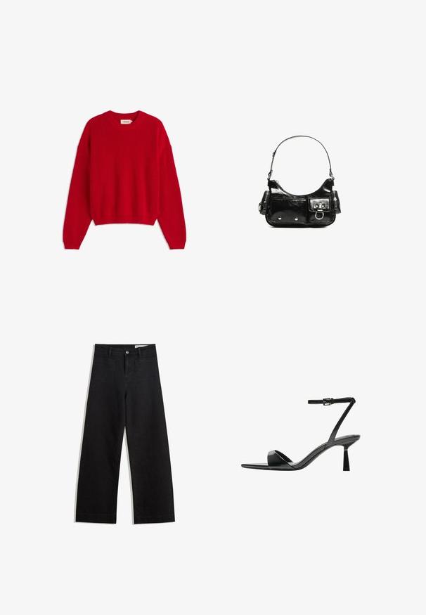 Punainen neulottu villapaita, jossa on pyöreä kaula-aukko, ribbikuvio ja pitkät hihat. Ominaisuuksiin kuuluu rento mitoitus ja lyhyt helma. Merkinnät näkyvät sisäpuolella.; Mustat leveät farkut korkealla vyötäröllä, joissa on etu- ja takataskut, ommellut saumat ja nappisuljenta. Silkinoinen rakenne.; Bershka Korolliset sandaalit - black; Mustekko mustasta kiiltonahasta valmistettu käsilaukku, jossa on kaareva muoto, yksi olkahihna, etutaskut ja hopeanväriset yksityiskohdat.