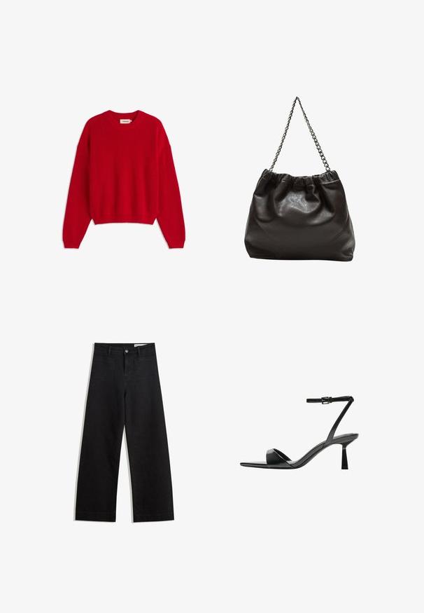 Czerwony sweter z dzianiny z okrągłym dekoltem, prążkowaną teksturą i długimi rękawami. Posiada luźny krój i skrócony dół. Widoczne metki wewnątrz.; Czarne dżinsowe spodnie o szerokich nogawkach i wysokim stanie, z przednimi i tylnymi kieszeniami, przeszyciami oraz zapięciem na guziki. Gładka struktura.; Bershka - Sandały na obcasie; Brązowa skórzana torba z marszczonym szczytem i łańcuszkowym paskiem. Gładka tekstura z błyszczącym wykończeniem i subtelnymi detalami szwów po bokach.
