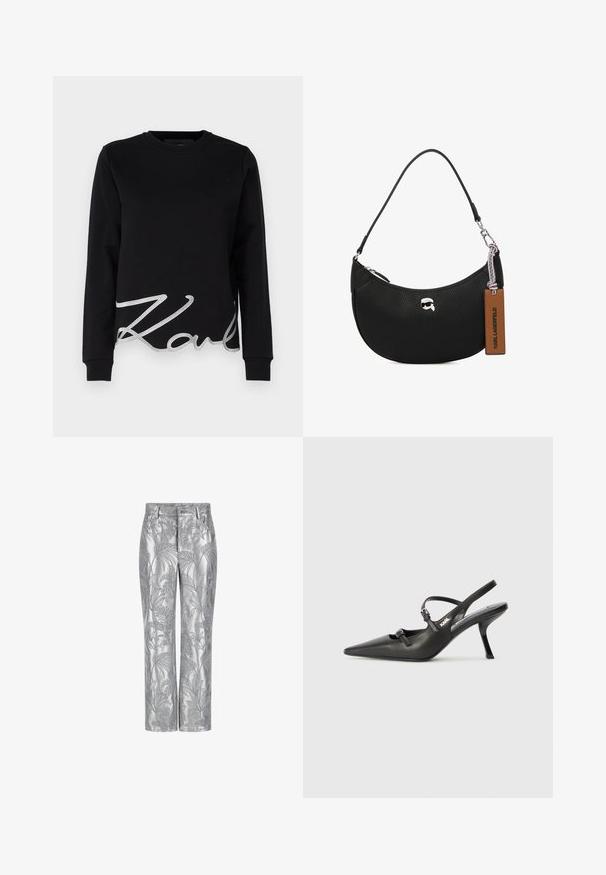 Sudadera negra de algodón, con mangas largas y cuello redondo. Detalle notable de "Karl" bordado en plata en el dobladillo.; Pantalones bordados en plata con un patrón de hojas, diseño de pierna recta y una textura suave y brillante. Bolsillos funcionales y cierre de botón.; Tacones slingback de cuero negro con punta afilada, tacón delgado y detalle decorativo de hebilla en la parte superior. Textura suave y diseño elegante.; Bolso de mano de cuero negro con textura granulada, forma curvada, cierre superior con cremallera, herrajes plateados y una etiqueta marrón. Presenta un acento con el logotipo.