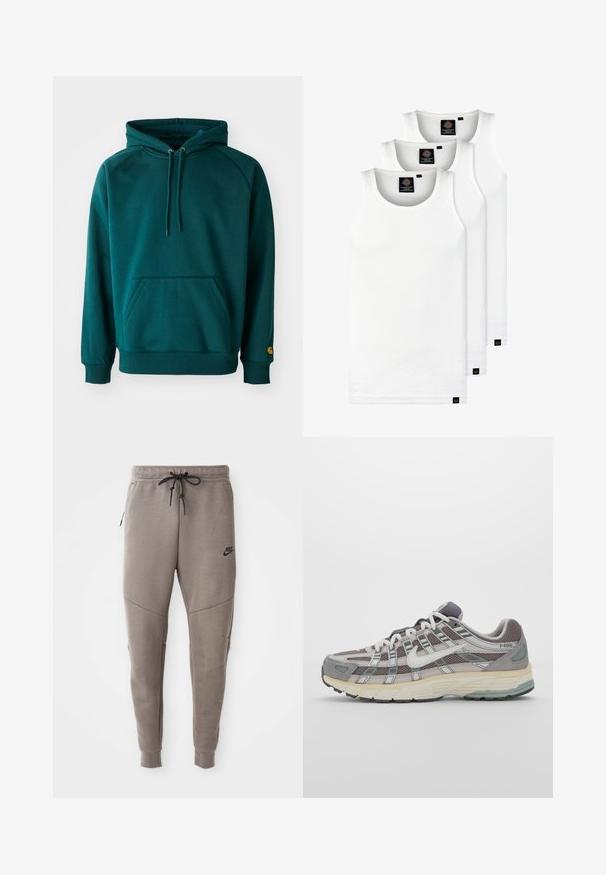 Teal hettegenser med kenguru-lomme, snor, og ribbestrikkede mansjetter. Mykt stoff med en glatt tekstur, med et logoaccent på ermet.; Tre hvite ribbestrikkede tank topper laget av bomull. Har en rund hals og små svarte etiketter nær kanten. Tilgjengelig i flere størrelser.; Grå Nike joggebukser med snor i midjen, smale ben, sidelommer og distinkte sømdetaljer. Myk, teksturert stoff.; Grå treningssko med overdel i nett og semsket skinn, hvite detaljer, en polstret såle, og et særpreget design med reflekterende elementer.