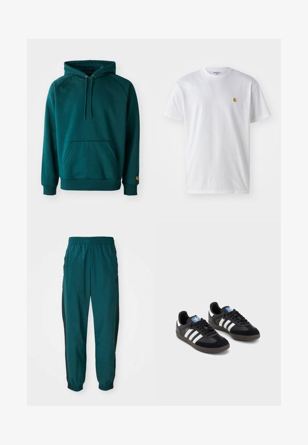 Hanorac teal cu buzunar kangaroo, şnururi de ajustare şi manşete ribbate. Material moale cu o textură netedă, având un accent logo pe mânecă.; Tricou alb din bumbac, cu mâneci scurte, gât echipat, având un mic logo auriu în zona stânga a pieptului. Textură moale și croială normală.; Pantaloni atletici în nuanța teal, cu talie cu șnur, manșete elastice și dungi negre pe laterale. Conținuți dintr-un material ușor, cu un logo aproape de șold.; Tenisi negri cu superior din suede și sintetic, având trei dungi albe, talpă din cauciuc texturat și etichetă albastră cu logo pe limbă.