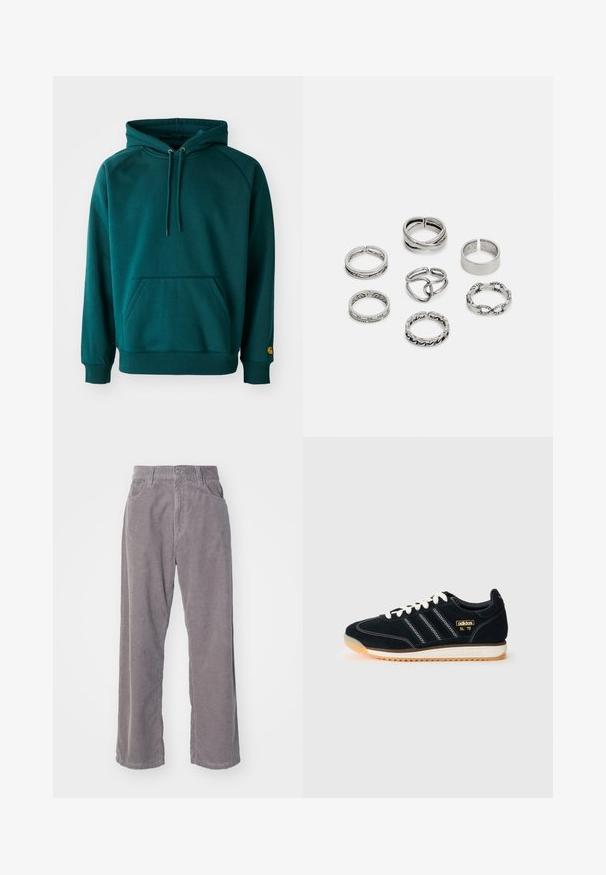 Turkusowa bluza z kapturem, z przednią kieszenią typu kangur, sznurkami do regulacji i ściągaczami na rękawach. Miękka tkanina o gładkiej teksturze, z logo na rękawie.; Szare spódnice z korduroy w szerokim kroju, z pionowym żebrowaniem, zapięciem na guziki i dwiema przednimi kieszeniami.; Czarne zamszowe sneakersy z białymi sznurówkami, trzema białymi paskami z boku, teksturowanymi akcentami oraz gumową podeszwą z delikatnym pomarańczowym odcieniem.; Zestaw siedmiu srebrnych pierścionków o różnych wzorach, w tym skręconych, połączonych i grawerowanych. Różne kształty i szerokości.