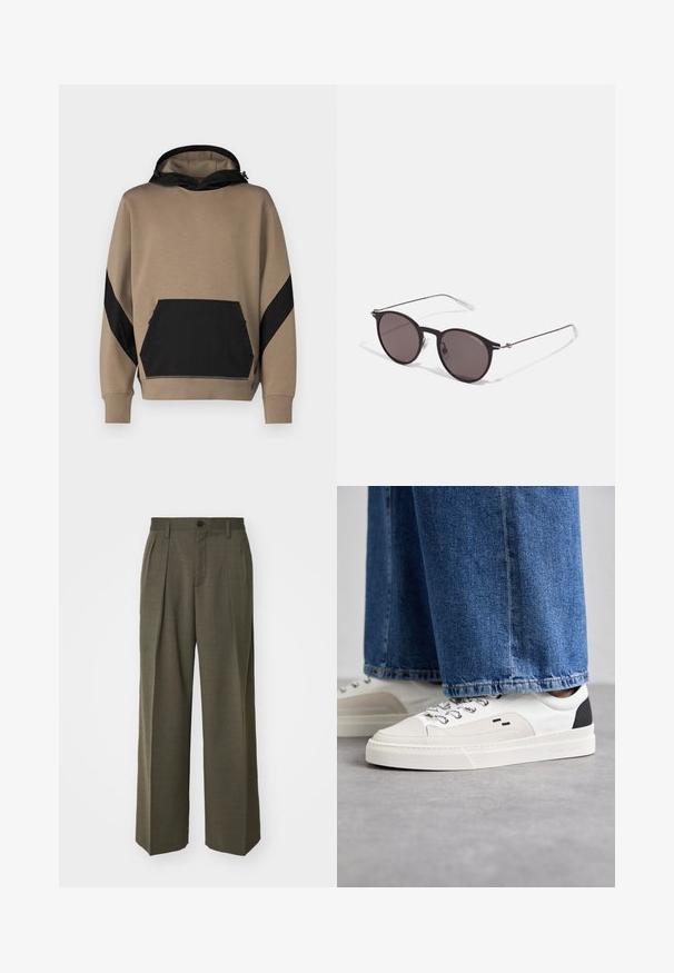 Kapuzensweatshirt in Beige mit schwarzen Akzenten, ausgestattet mit einer Kängurutasche und kontrastierendem Design an den Ärmeln. Weicher Stoff.; Schwarzes Baumwoll-T-Shirt mit Rundhalsausschnitt, kurzen Ärmeln und dem "EMPORIO ARMANI"-Logo in Weiß über dem geschwungenen Schriftzug "Milano".; Filippa K WIDE TROUSERS - Stoffhose - driftwood; Weiße und schwarze Sneaker mit einem Obermaterial aus glattem Leder, strukturierten Akzenten und einer massiven weißen Sohle. Verfügt über ein klassisches Schnürdesign.; Schwarze runde Sonnenbrille mit dunklen Gläsern und schlanken Metallbügeln. Enthält klare Tempelspitzen und silberne Akzente am Scharnier. Minimalistisches Design.