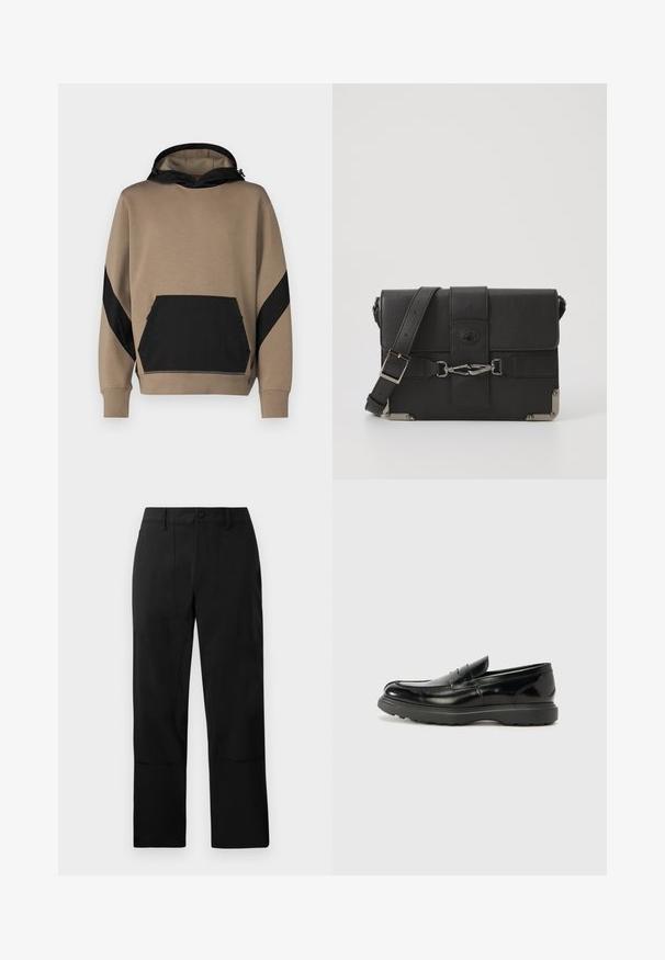 Kapuco svetars gaiši brūnā krāsā ar melniem akcentiem, aprīkots ar kangaroo kabatu un kontrastējošu paneļu dizainu uz piedurknēm. Mīksta tekstūra.; Melnas bikses, izgatavotas no gludas auduma, ar taisnu fronti, divām priekšējām kabatām un taisnu kāju piegriezumu ar maziem šuvju elementiem.; Melnas ādas loafers ar spīdīgu apdari, noapaļota pirksta forma, smalkas šuvju detaļas un bieza gumijas zole ilgstošai lietošanai.; Melna ādas sūtījumu soma ar strukturētu virsmu, metāla detaļu akcentiem, regulējamu siksnu un klapanu ar sprādžu detaļām.