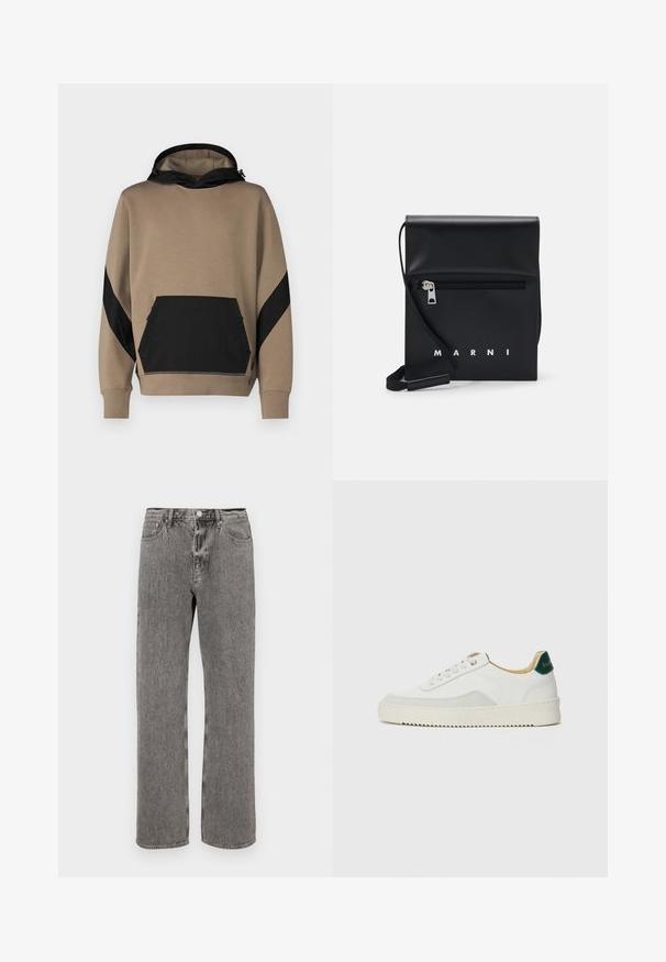 Felpa con cappuccio color talpa con accenti neri, dotata di tasca a marsupio e design a pannelli contrastanti sulle maniche. Texture morbida.; Jeans in denim grigio con un taglio dritto, design a cinque tasche e chiusura con bottone in vita. Textura leggermente scolorita su tutta la superficie.; Sneaker bianco con accenti in camoscio, punta rotonda, lacci piatti e suola in gomma crema. Presenta un marchio verde sul tallone.; Borsa a tracolla in pelle nera con tasca frontale con zip, logo in rilievo e tracolla regolabile. Texture liscia con una forma strutturata.