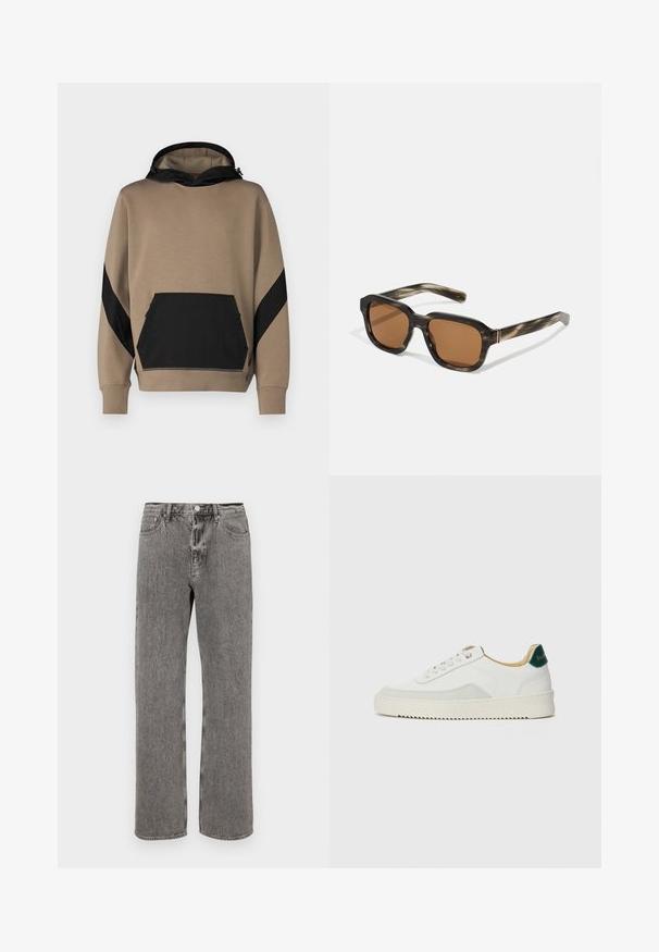 Mikina s kapucňou v pieskovom odtieni s čiernymi akcentmi, obsahujúca klokanie vrecko a kontrastný dizajn panelov na rukávoch. Mäkká textúra.; Hnedé džínsové nohavice so strihom rovného strihu, dizajnom s piatimi vreckami a gombíkovým zapínaním v páse. Po celom obvode jemné vyblednutie.; Biele tenisky s semišovými akcentmi, zaoblenou špičkou, plochými šnúrkami a krémovou gumovou podrážkou. Na päte sú zelené značky.; Plastové slnečné okuliare s korytnačím vzorom, octagonálne hnedé šošovky a tenké zlaté akcenty na ráme.