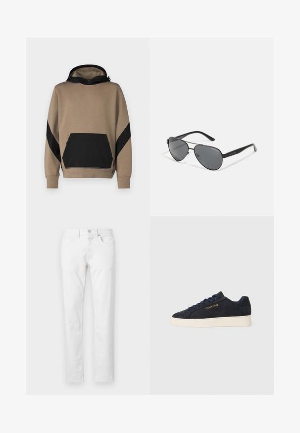 Sudadera con capucha en tono beige con detalles en negro, que presenta un bolsillo tipo canguro y un diseño de paneles en contraste en las mangas. Textura suave.; Jeans blancos de pierna recta, fabricados en denim, con cinco bolsillos, cierre de botón y un ajuste clásico con textura mínima.; Zapatilla baja de ante azul marino con suela blanca, cordones azul marino y logo de "Filling Pieces" en dorado en el lateral.; Gafas de sol estilo aviador negras con lentes oscuros, marco de metal delgado y brazos de plástico esbeltos con acentos de logotipo.