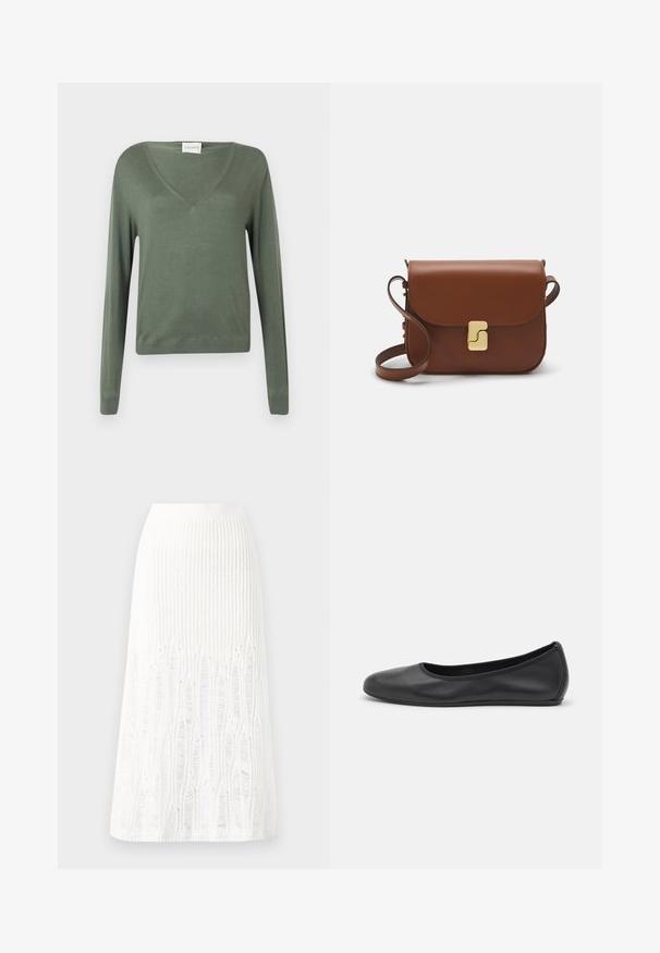 Ilgas rankovės V formos kaklo megztinis alyvuogių žalia spalva, pagamintas iš minkštos medžiagos su lygiu paviršiumi. Yra tiesus apdailos kraštas ir rudomis apykaklėmis.; Balta megzta midi sijoninė su tekstūruotu raštu, vertikaliomis linijomis ir išpjovomis arti apatinės dalies. Elastinga juostos dalis. Minkšta medžiaga.; Juodai odiniai baletai su apvaliu pirštu, lygi texture, minimalus siuvimo detales ir lanksčiu padų dizainu.; Ruda odinė rankinė su uždaromu dangteliu, aukso spalvos detalėmis, petneša ir lygiu paviršiumi. Kompaktiška stačiakampio formos.