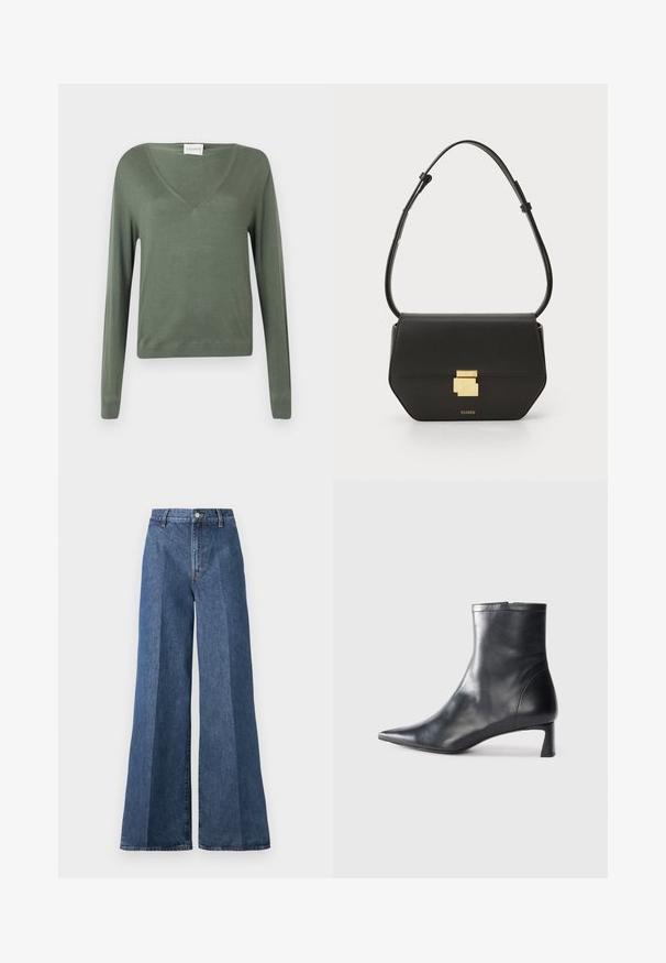 Sweter z długim rękawem w serek w oliwkowym kolorze, wykonany z miękkiego materiału o gładkiej fakturze. Posiada prosty dół i ściągacze na rękawach.; Szerokie niebieskie dżinsy z wysokim stanem, wyposażone w klasyczny pięciokieszeniowy styl i zapięcie na guzik, wykonane z teksturowanej bawełny.; Czarne skórzane botki sięgające kostki z ostrym noskiem i eleganckim designem. Posiadają niski obcas oraz zamek błyskawiczny z tyłu. Gładka faktura.; CLOSED - Torba na ramię