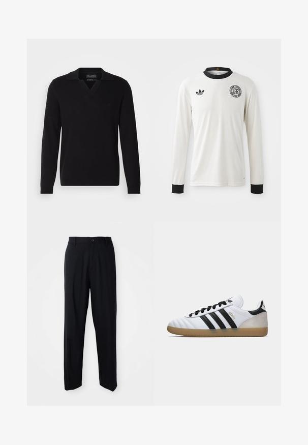 Black knitted pullover with a V-neck and a folded collar. Features long sleeves and a subtle logo on the chest. Smooth texture.; White long-sleeve soccer jersey with a ribbed texture, black collar and cuffs, featuring black Adidas logo and circular graphic emblem.; Black straight-leg trousers with belt loops, button closure, and a sleek, minimal design on a neutral background.; White Adidas Samba sneaker with black stripes, black laces, beige suede heel, and gum rubber sole, shown in left side profile.