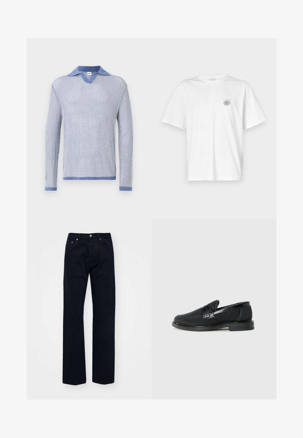 Světle modrý pletený svetr s dlouhými rukávy, s výstřihem do V a kontrastním denimovým límcem. Měkká textura a standardní střih.; Bílá bavlněná trička s krátkým rukávem, kulatým výstřihem a malým šedým logem na levé části hrudi. Hladká textura.; Černé džíny z denimu se střihem rovného slim, s knoflíkovým a zipovým zapínáním, pěti kapsami a tónovým prošíváním.; Černé pletené nazouvací boty s hladkým koženým akcentem na svršku, kulatou špičkou a nízkoprofilovou gumovou podrážkou.