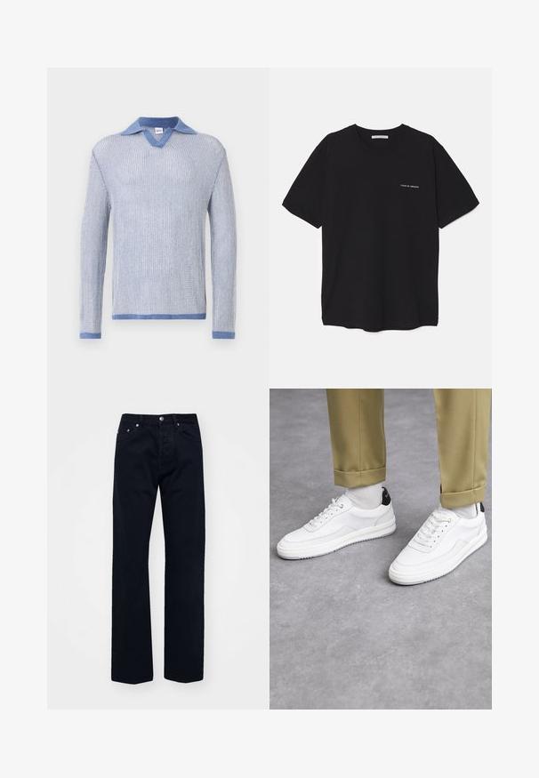 Helles blaues Strickpullover mit langen Ärmeln, V-Ausschnitt und kontrastierendem Denim-Kragen. Weiche Textur und normale Passform.; Schwarzes Baumwoll-T-Shirt mit Rundhalsausschnitt, kurzen Ärmeln und weißem Logodruck auf der linken Brust. Einfaches, einfarbiges Design.; Schwarze Denim-Jeans mit geradem Bein, ausgestattet mit einem Knopf- und Reißverschluss, fünf Taschen und tonal abgesteppten Nähten.; Weiße Sneakers mit einer strukturierten Lederoberfläche, abgerundeter Zehenpartie und schwarzem Fersenakzent. Gummisohle mit kleinem Profilmuster und genähten Details.