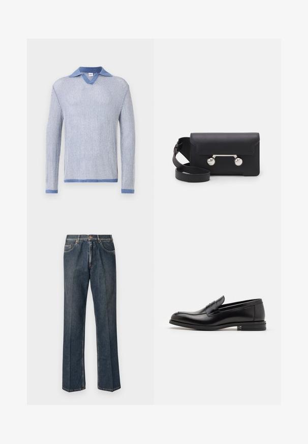 Helles blaues Strickpullover mit langen Ärmeln, V-Ausschnitt und kontrastierendem Denim-Kragen. Weiche Textur und normale Passform.; Tiefblaue kurzärmelige T-Shirt mit weißem Text "neanche per sogno" zentriert auf der Brust, Rundhalsausschnitt, Größe M.; Dunkelblaue, gerade Jeans aus Denim mit vorderem Knopf, Reißverschluss, doppelten vorderen Taschen und sichtbaren vertikalen Falten entlang der Beine.; Schwarze Lederloafers mit glatter Textur, rundem Zehenbereich und einem dekorativen Riemen über dem Vorderfuß. Niedriger, gestapelter Absatz, minimalistisches Design.; Schwarze Leder-Umhängetasche mit Klappenverschluss, silberfarbener Hardware und zwei runden Akzenten. Verfügt über einen abnehmbaren Schulterriemen. Glatte Textur.