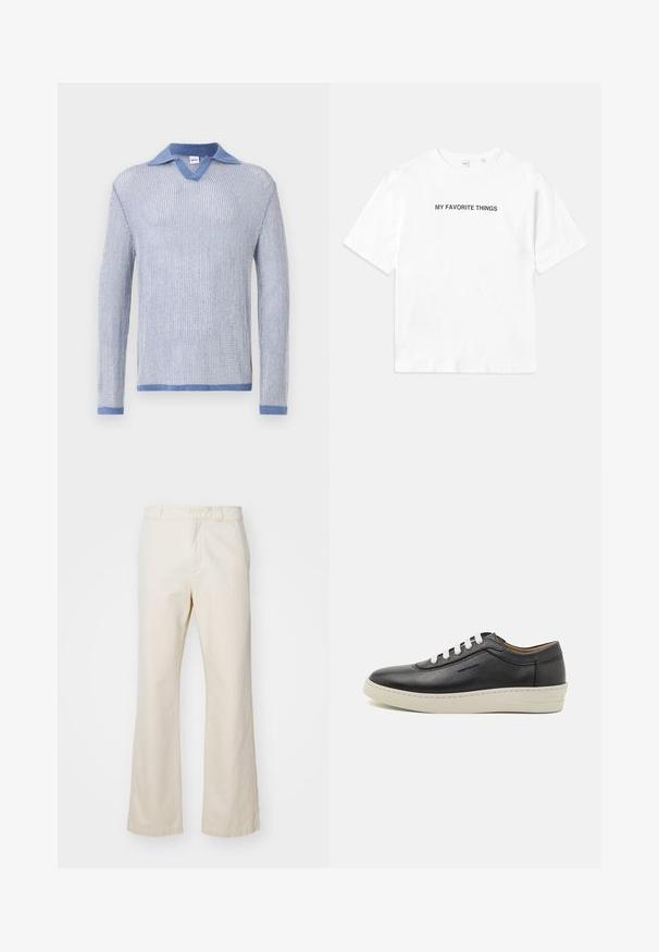 Šviesiai mėlynas megztinis su ilgomis rankovėmis, su V formos iškirpte ir kontrastuojančiu džinsiniu apykakle. Minkšta tekstūra ir standartinė forma.; Balta medvilninė marškinėliai su trumpomis rankovėmis ir apvalia kaklo iškirpte, ant priekinės ir galinės pusės juodu spaudu yra tekstas "MANO POMĖGIAI".; Bežinės medvilnės kelnės su tiesiomis kojomis, su priekiniais užtrauktukais ir mygtuko uždarymu, glotnaus paviršiaus ir minimalistinio stiliaus.; Juodos odinės sportinės bateliai su balta guma padais, apvaliu pirštu ir plokščiomis raištelėmis, su šoninėmis siuvimo detalėmis ir subtilia žymėjimo.