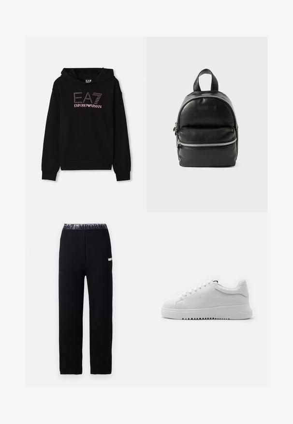 Svart hettegenser med frontgrafikk i rhinestones som viser "EA7 EMPORIO ARMANI" tekst. Den har kengurulomme og ribbestrikkede mansjetter.; Sorte joggebukser med en elegant, myk tekstur, med elastisk liv med logo og siddekorasjon. Rett ben-design.; Hvite joggesko med en strukturert skinnoverdel, rund tå og snøring. Tykkt hvitt gummisåle med gripestruktur.; Svart lær ryggsekk med en rund form, glidelåslomme foran og doble topphåndtak. Har sølvfarget hardware og en glatt tekstur.