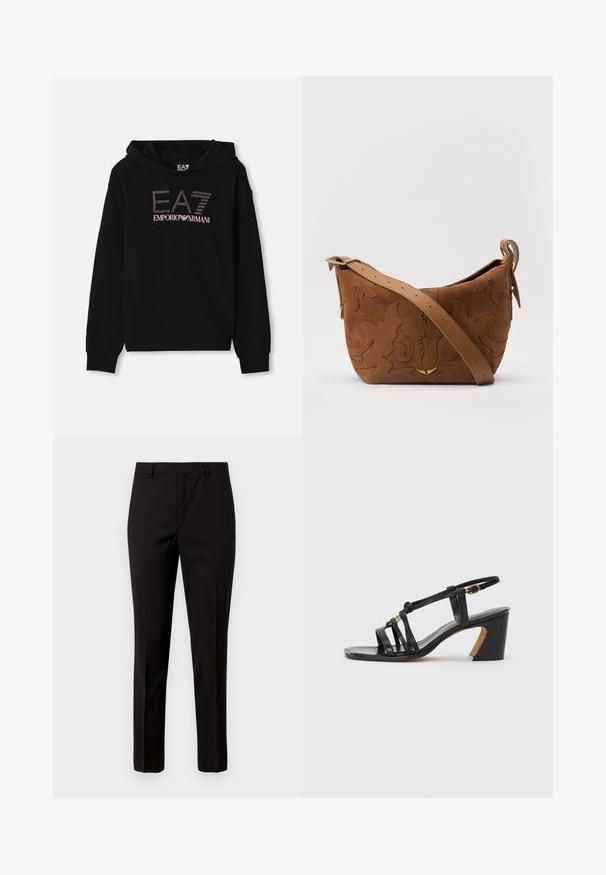 Melna kapuce ar priekšējo grafiku, izšūtu ar rhinestones, kurā ir teksts "EA7 EMPORIO ARMANI". Tai ir kenguru kabata un ribotas aproces.; Melni pielāgoti bikses ar taisnu kāju dizainu, izgatavotas no gludas auduma, ar gludu priekšpusi un jostas cilpām. Nav redzamu rakstu vai akcentu.; Paul Smith AMIRA - Klasiski papēži - black; Brūns zamšs plecu soma ar iegravētu ziedu dizainu, papildināta ar gludu brūnu ādas siksnu un zelta toņa detaļām.