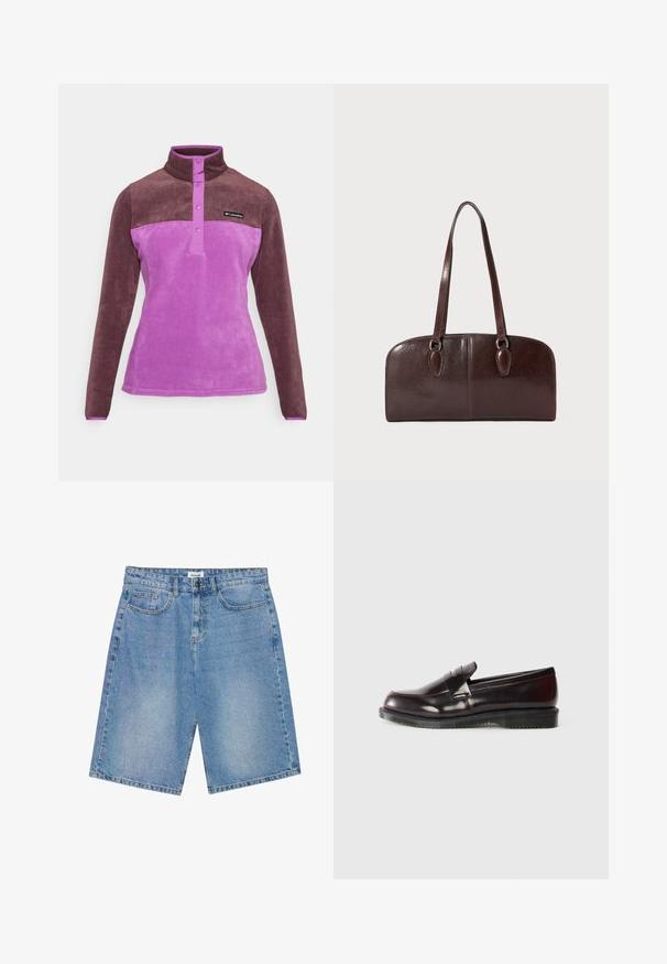 Violetinis ir rudas fliso megztinis su aukštu apykakliu, mygtukų uždarymu ir minkšta tekstūra. Priekyje yra logotipas.; Balta ilgomis rankovėmis marškinėliai, pagaminti iš medvilnės, su mažuoju oranžiniu ir tamsiai raudonu Carhartt logotipu krūtinėje. Su apvalia iškirpte.; Šviesiai mėlyni džinsiniai šortai su tiesiu kirpimu, penkių kišenių dizainu ir kontrastinga siūle. Yra mygtuko ir užtrauktuko užsegimas.; Burgundi odiniai loaferiai su lygiu paviršiumi, pakelto siūlės detaliu ir guminiais padais. Sukurti su apvaliu pirštu ir minimalistine aparatūra.; Ruda odinė rankinė su dviem ilgais rankenomis, struktūrinės stačiakampio formos, lygaus paviršiaus ir apvalintais kraštais. Yra akcentinės detalės ant rankenų.