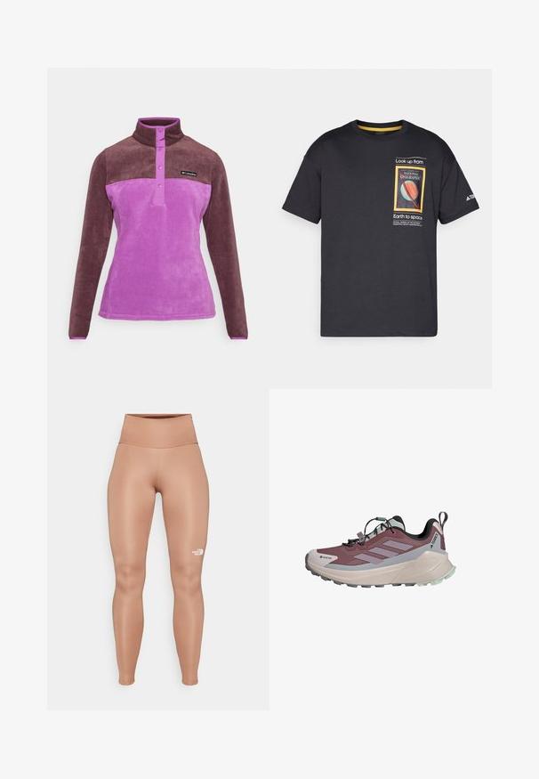 Lila és barna polárpulóver magas gallérral, gombos záródással és puha tapintással. A mellkas tájékán logó található.; Fekete pamut póló rövid ujjakkal, színes National Geographic grafikával és felirattal az elején, kontrasztos sárga kiegészítőkkel.; Magas derekú, testhezálló leggings világosbarna színben. Sima, rugalmas anyagból készült, bal combján fehér logóval.; Könnyű terepfutó cipő bordó és szürke színben, texturált felülettel. Gore-Tex címkével, gumitalppal és rugalmas fűzőkkel rendelkezik.