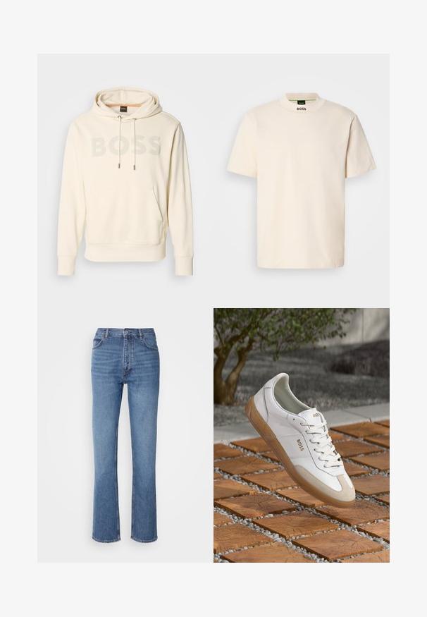 Cremefarbener Hoodie mit Kängurutasche, Kapuze mit Kordelzug und großem grauen "BOSS"-Logo. Mit gerippten Bündchen und Saum für einen taillierten Look.; Cremfarbener Kurzarm-T-Shirt mit hohem Kragen, auf dem die Aufschrift "BOSS" in Schwarz auf der Vorderseite des Halsausschnitts und im Etikett innen gedruckt ist.; Blaue Denim-Jeans mit hoher Taille, geradem Bein und dezenter Ausbleichung. Verfügt über einen klassischen Fünf-Taschen-Stil und einen Reißverschluss.; Weiße Ledersneaker mit beigen Wildlederakzenten, runder Zehenform, Schnürvorderseite und brauner Gummisohle, die den Markennamen "BOSS" zeigt.