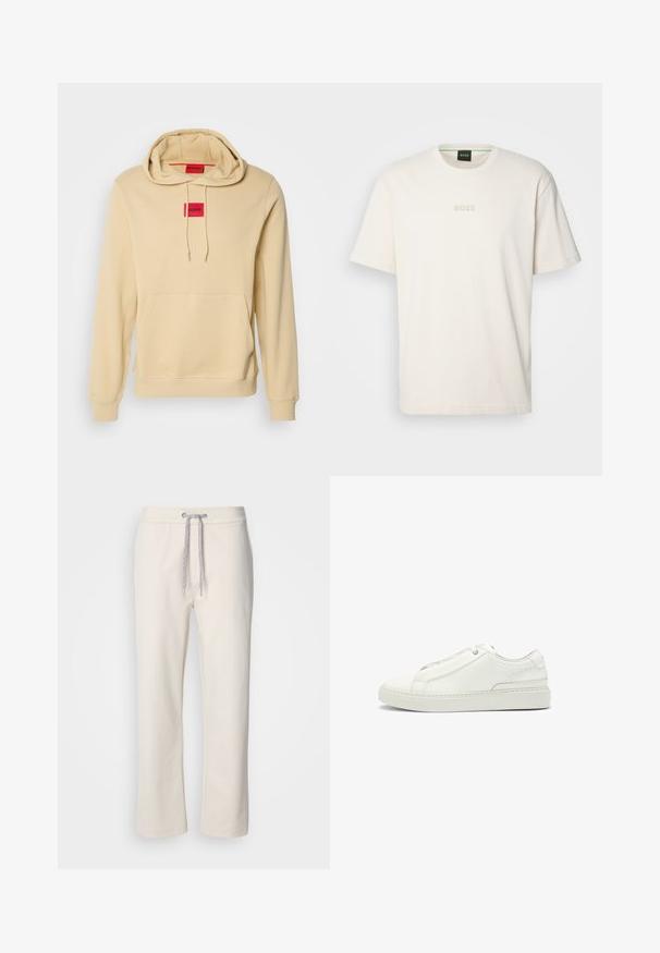 Beige hoodie made of soft fabric, featuring a kangaroo pocket, ribbed cuffs, and a red rectangular logo patch on the chest.; BOSS TEE - Basic T-shirt - open white; Cream-colored casual pants with a drawstring waist and straight legs, displayed against a plain white background.; White leather sneaker featuring a textured upper, a round toe, minimalistic design, and a rubber sole with stitched detailing.