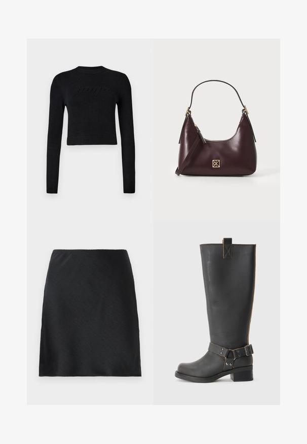 Maglione cropped nero a maniche lunghe con polsini e orlo a coste, caratterizzato da un logo in rilievo discreto sul petto.; Gonna mini nera in satin con una texture liscia e un orlo dritto, presentata su uno sfondo bianco semplice.; Stivale nero in pelle alta fino al ginocchio con finitura texturizzata, caratterizzato da un'accento a fibbia laterale e un tacco basso. Cuciture dettagliate lungo le cuciture.; Borse in pelle borgogna con forma curva, dettagli in oro sull'hardware e chiusura con cerniera. Presenta una tracolla staccabile.