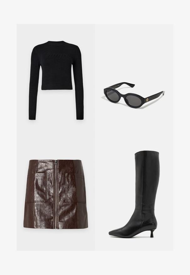 Crni dugi rukav krojenog džempera s rebrastim manžetama i rubom, sa suptilnim dizajnom podignutog logotipa na prsima.; Mini suknja od smešnog umjetnog kože u smešnoj boji sa prednjim zatvaračem, dva velika prednja džepa i glatkom, sjajnom teksturom.; Zign Čizme - black; Crne ovalne sunčane naočale s tamnim staklima i sjajnim plastičnim okvirom. Sadrže zlatni logotip na sljepoočnici, što pruža elegantan i moderni dizajn.; Crna torba od lakirane kože na rame s zakrivljenim oblikom, koja ima srebrni trokutasti logo i zatvaranje na patent. Glatka tekstura i uski remen.