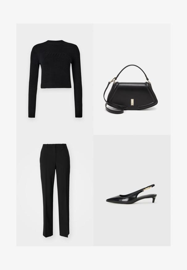 Schwarzer, langärmeliger, cropped Pullover mit gerippten Bündchen und Saum, der ein dezentes, erhabenes Logo auf der Brust zeigt.; Schwarze, taillierte Hose mit geradem Bein, aus einem glatten Stoff und mit klaren Falten an der Vorderseite. Keine sichtbare Hardware.; Schwarze Leder-Slingback-Pumps mit spitzem Schuhblatt, ausgestattet mit einem schlanken Absatz und einem goldfarbigen Akzent am verstellbaren Riemen. Glatte Textur.; Schwarze Lederhandtasche mit einem strukturierten Design, das eine verkürzte Form, einen oberen Griff und goldfarbene Hardware-Details aufweist. Verstellbarer Schulterriemen ist enthalten.