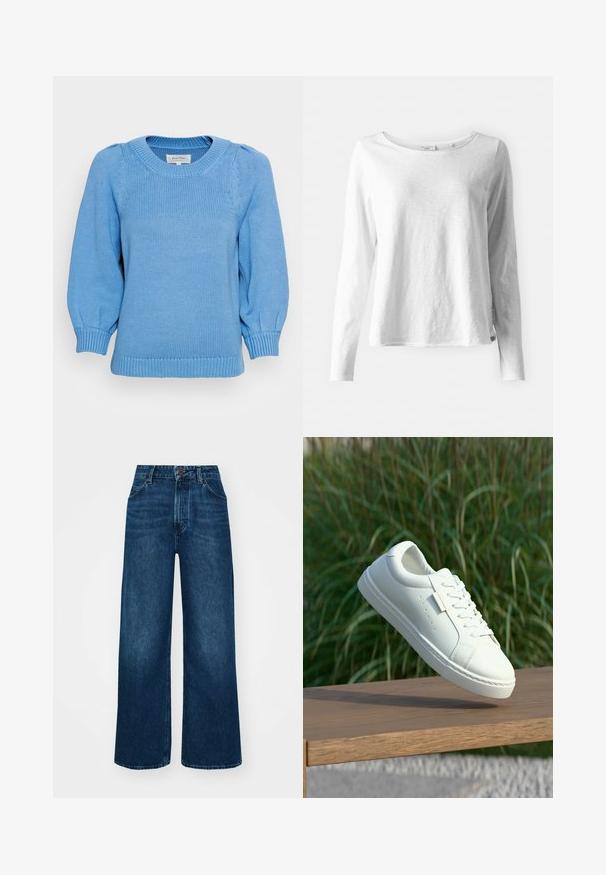 Part Two GABI - Camisola - della robbia blue; Camisola de manga longa branca em tecido suave e leve; possui um decote redondo e um ajuste ligeiramente relaxado; etiqueta visível na lateral.; Jeans de cintura alta e pernas largas em denim azul escuro com uma textura suave, costuras em contraste e design de cinco bolsos. Fecho frontal com botão.; Sapatilha de couro branca com atacadores flutuando acima de um banco de madeira, com erva alta verde desfocada ao fundo ao ar livre.