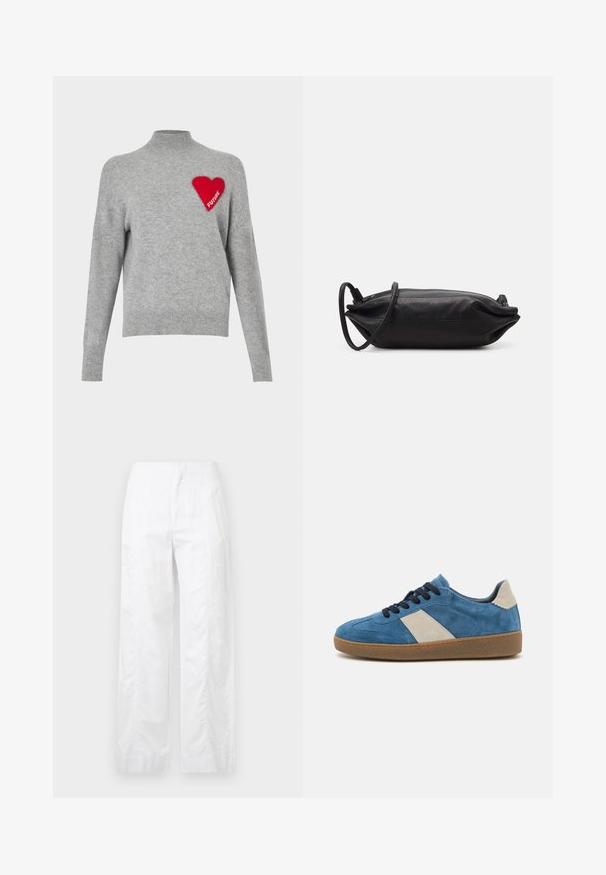 Pelēks adīts džemperis ar augstu apkakli, ar sarkanu sirds dizainu, uz kura kreisajā pusē ir izšīts vārds "N nākotne".; Baltas, plaša kāju bikses, izgatavotas no viegla auduma, ar gludu tekstūru, tīrām līnijām un augstu jostasvietu.; Zili zamšaini sporta apavi ar beige ādas akcentu, tumšām auklām un teksturētu gumijas zoli; zema profila dizains ar noapaļotu purngalu.; Melnas ādas plecu soma ar taisnstūra formu, gludu tekstūru, plānu plecu siksnu un minimālistisku dizainu.