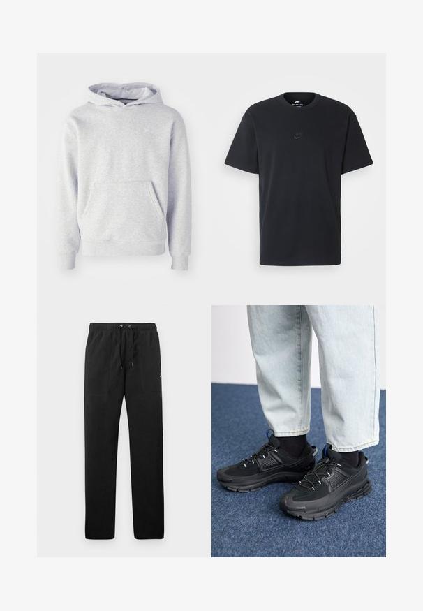 Gray hooded sweatshirt made of soft fabric. Features a kangaroo pocket, ribbed cuffs, and a subtle logo on the chest. Simple design.; Nike black cotton t-shirt with a classic crew neck, short sleeves, and a subtle, embossed logo on the chest. Smooth texture.; Black sweatpants made of fleece, featuring an elastic waistband with drawstrings, two front pockets, and a small logo on the thigh.; Black athletic shoes with textured fabric and rubber soles, featuring elastic laces and a blue accent on the heel. Worn with light denim pants.