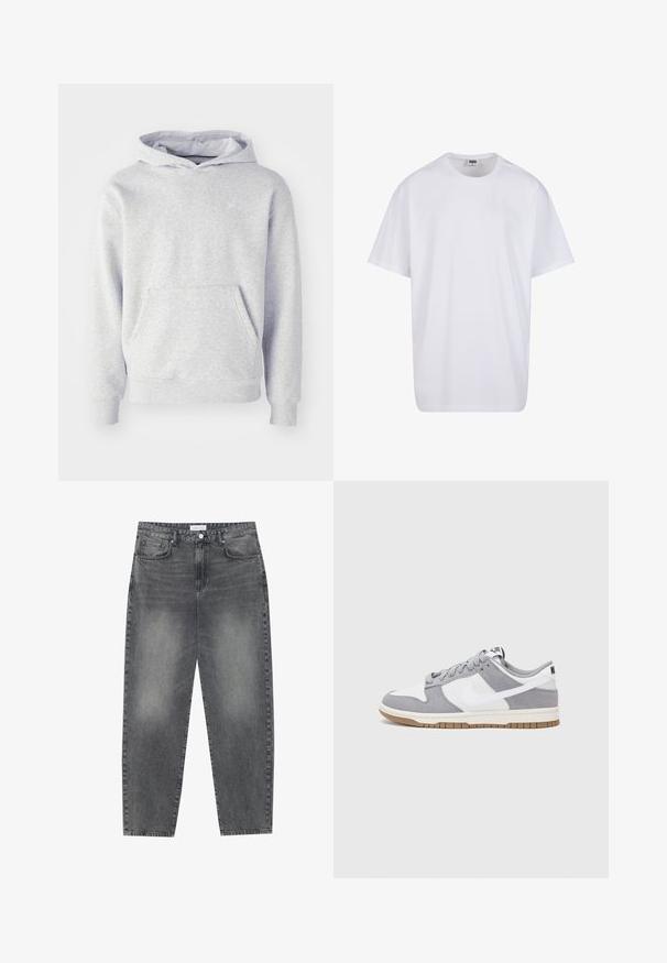Hanorac gri cu glugă, realizat dintr-un material moale. Dispune de un buzunar tip kangaroo, manșete cu nervuri și un logo subtil pe piept. Design simplu.; Tricou alb din bumbac cu mâneci scurte, decolteu rotund, croială lejeră și fără logo-uri sau modele vizibile. Textură netedă și design minimalist.; Jeans cu talie înaltă, lejere, din denim negru estompat. Caracteristici: cinci buzunare, bucle pentru curea și un design curat cu picior drept.; Sneaker gri și alb, cu un superior din suede și piele, vârf rotund, șireturi plate și o talpă din cauciuc ce prezintă un accent de culoare gum.