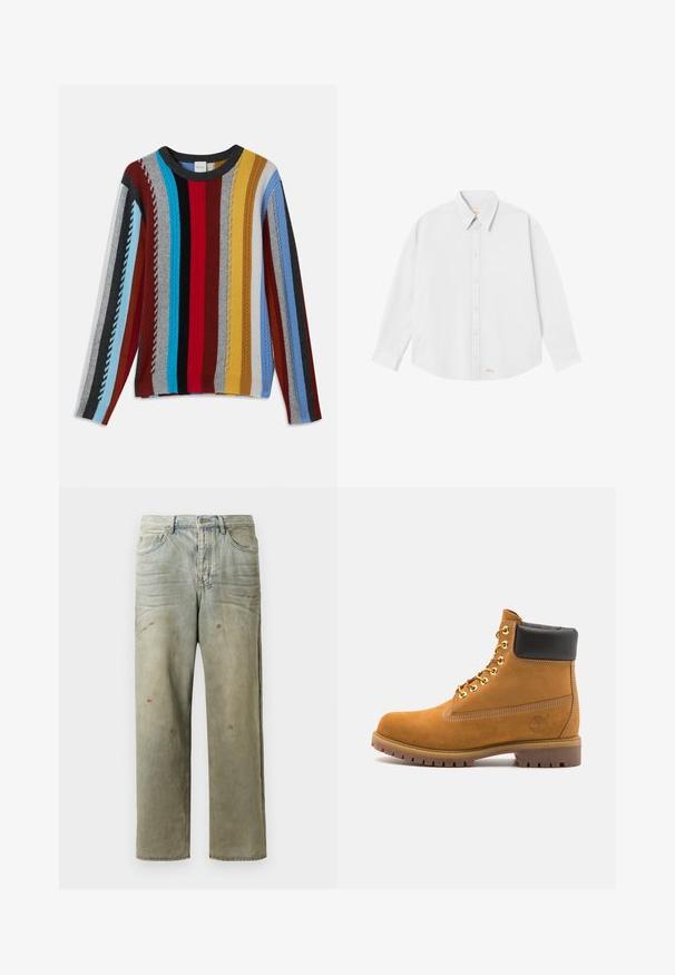 Sweter o dzianinowej strukturze, zdobiony wielokolorowymi pionowymi paskami w odcieniach czerwieni, niebieskiego, szarości, żółci i czerni, z fakturowanym ściągaczem i okrągłym dekoltem.; Biała koszula z długim rękawem i klasycznym kołnierzykiem, o zaokrąglonym dole; na dole po lewej stronie znajduje się małe pomarańczowe logo.; Zniszczone dżinsy w jasnym zielonym kolorze, z prostymi nogawkami, pięcioma kieszeniami oraz nierównomiernym blaknięciem i plamami farby.; Beżowe zamszowe botki sięgające kostki z czarną wyściełaną krawędzią, złotymi oczkami, białymi detalami szycia oraz wytrzymałą gumową podeszwą z wyraźnym bieżnikiem.