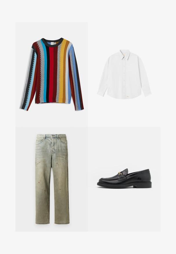 Pulover tricotat cu dungi verticale multicolore în roșu, albastru, gri, galben și negru, cu o textură în relief și un guler rotund.; Cămașă albă cu guler clasic, mâneci lungi și tiv rotunjit; are un mic logo portocaliu în partea stângă jos.; Jeans din denim uzat, de culoare verde deschis, cu un croi drept, design cu cinci buzunare, și decolorare inegală cu stropi de vopsea.; Loaferi din piele neagră cu vârf rotunjit, dotati cu accente aurii și detalii de cusătură, așezați pe o talpă joasă din cauciuc texturat.