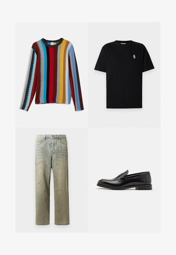 Pletený sveter s farebnými vertikálnymi pruhmi v červenej, modrej, šedej, žltej a čiernej farbe so štruktúrovaným rebrovaním a okrúhlym výstrihom.; Čierne tričko s krátkym rukávom a okrúhlym výstrihom s malým vyšitým logom oranžovej líšky na ľavej hrudi.; Zničené džínsy vo svetlozelenej farbe s rovnými nohavicami, piatimi vreckami a nerovnomerným vyblednutím so škvrnami od farby.; Čierne kožené mokasíny s hladkou textúrou, zaoblenou špičkou a dekoračným pásikom cez priehlavok. Nízky vrstvený opätok, minimalistický dizajn.