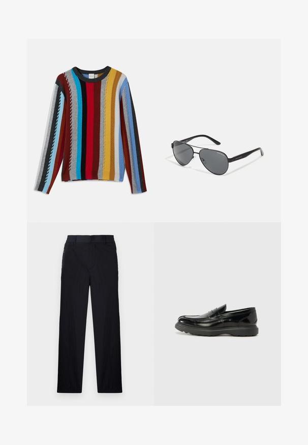 Gebreide trui met meerkleurige verticale strepen in rood, blauw, grijs, geel en zwart, met gestructureerde ribbels en een ronde halslijn.; Zwarte broek van een lichtgewicht, gestructureerde stof, met een recht model, elastische Tailleband en zijzakken met rits.; Zwarte leren instapper met een glanzende afwerking, een ronde neus, subtiele stiksels en een dikke rubberen zool voor duurzaamheid.; Zwarte piloten zonnebril met donkere glazen, dunne metalen frame en slanke plastic poten met logo-accenten.