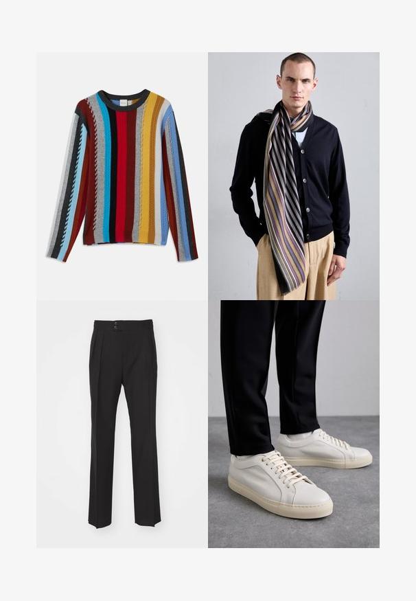 Knit sweater featuring multicolored vertical stripes in red, blue, gray, yellow, and black with textured ribbing and a round neckline.; Black tailored trousers featuring a straight leg design, two front pockets, and a double-button closure at the waistband. Smooth fabric texture.; Light beige leather sneakers with flat laces, a textured surface, and a contrasting cream-colored rubber sole, paired with black tapered pants.; Black cardigan with button front, paired with a striped scarf featuring bold colors and patterns, worn casually over a light shirt and beige trousers.