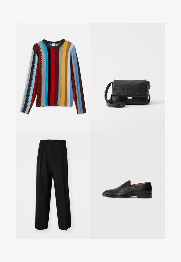Knit sweater featuring multicolored vertical stripes in red, blue, gray, yellow, and black with textured ribbing and a round neckline.; Black pleated trousers with a straight, wide-leg design. Made from smooth fabric, featuring a button closure and belt loops.; Black leather loafer with a rounded toe, subtle stitched detailing, and a low heel, featuring a smooth texture and minimalist design.; Black textured leather crossbody bag with a flap closure, silver hardware, and an adjustable strap. Minimalist design with clean lines.