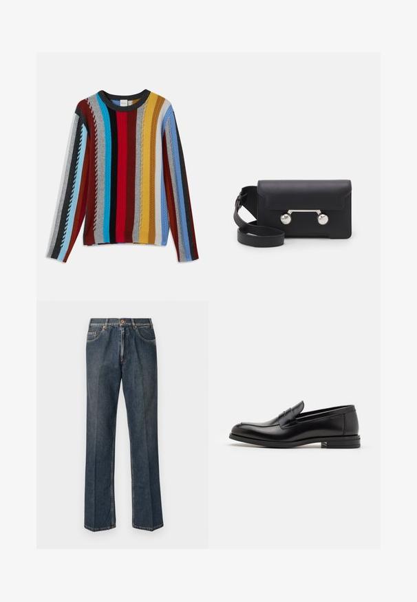 Knit sweater featuring multicolored vertical stripes in red, blue, gray, yellow, and black with textured ribbing and a round neckline.; Dark blue straight-leg denim jeans with front button, zip fly, double front pockets, and visible vertical creases down the legs.; Black leather loafers with a smooth texture, rounded toe, and a decorative strap across the vamp. Low stacked heel, minimalist design.; Black leather crossbody bag with a flap closure, silver-tone hardware, and two round accents. Features a detachable strap. Smooth texture.