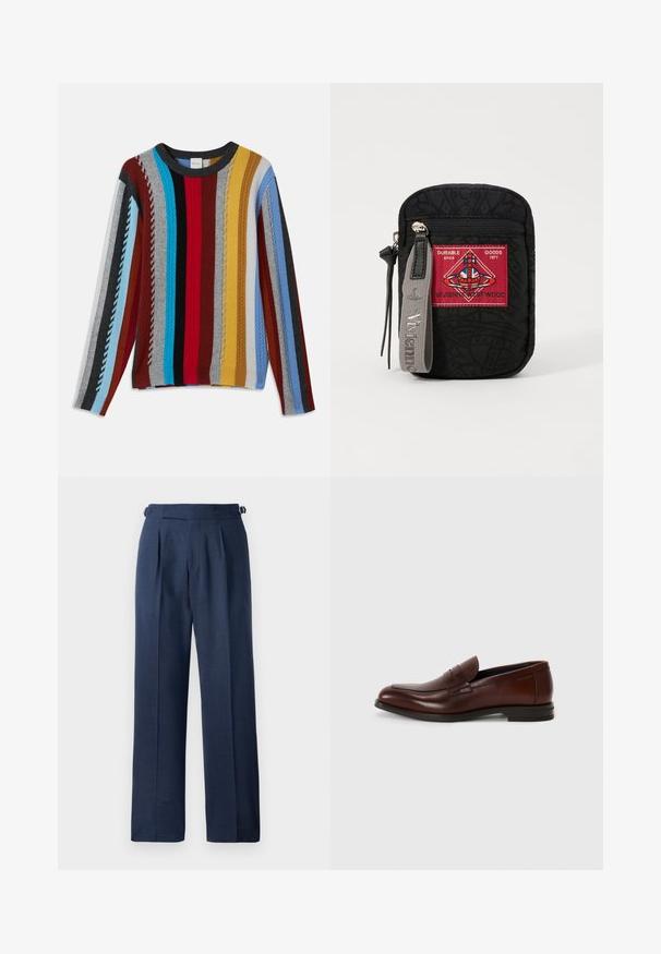 Knit sweater featuring multicolored vertical stripes in red, blue, gray, yellow, and black with textured ribbing and a round neckline.; Navy blue tailored trousers, made from textured fabric, featuring a high waist, pleats, and adjustable side straps for fit.; Brown leather loafers with a rounded toe, front strap detail, and a low stacked heel. Smooth texture with minimal decorative accents.; Black pouch with textured fabric, featuring a red patch with logo, zip closure, and a gray strap with embossed brand name.