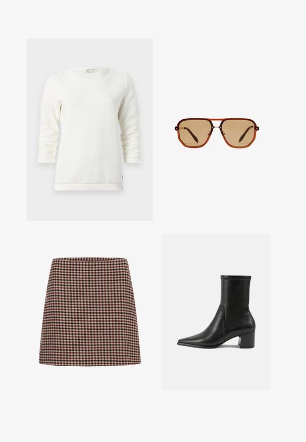 Bílý svetr s dlouhým rukávem a texturovaným vzorem, kulatým výstřihem a žebrovanými manžetami. Měkká tkanina s uvolněným střihem.; Mini sukně s červenobílým kostkovaným vzorem, rovného střihu a s texturovanou tkaninou. Bez viditelných zapínání nebo ozdob.; Černé kožené kotníkové boty s hladkým povrchem, špičatou špičkou, blokovým podpatkem a výrazným vyvýšeným šitím na horním okraji.; Hnědé osmiúhelníkové sluneční brýle s průhledným jantarem rámem a hnědými skly. Mají kovový akcent na můstku a štíhlé nožičky.; Hnědá semišová taška s dvojitými uchy, páskem na knoflíkovém uzávěru a uvolněným, mírně pokleslým tvarem.