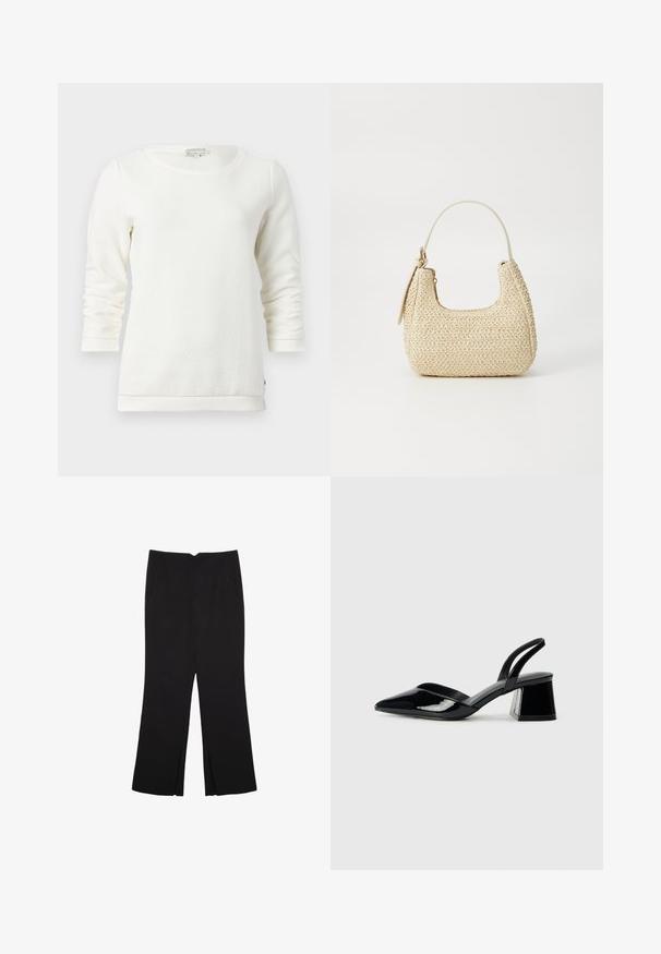 Felpa bianca a maniche lunghe con un motivo testurizzato, scollo tondo e polsini a costine. Tessuto morbido con una vestibilità rilassata.; Pantaloni neri a gamba dritta, con tasche frontali e spacchi laterali all'orlo. Realizzati in tessuto morbido e liscio. Adatti a diverse occasioni.; Décolleté in vernice nera con punta affusolata e tacco in geometria cubica. Presentano un design elegante e minimalista, con una texture liscia.; Borsa a tracolla intrecciata in paglia di colore beige, con una forma curva, manico corto e zip laterale. Presenta una superficie texturizzata e un design minimalista.