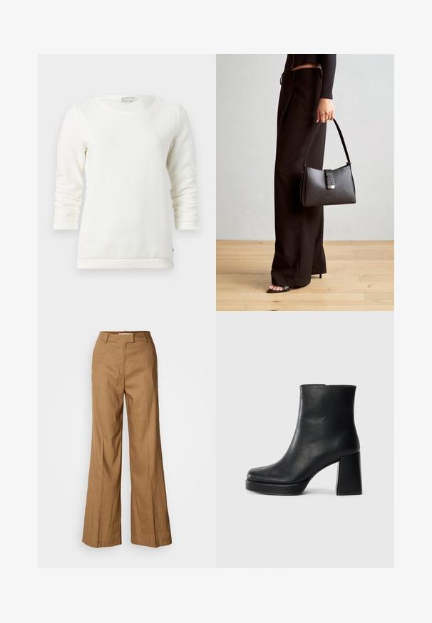 Weißes Langarm-Sweatshirt mit strukturiertem Muster, rundem Ausschnitt und gerippten Bündchen. Weicher Stoff mit lässigem Schnitt.; Braune weite Hosen aus leichtem Stoff. Verfügt über einen flachen Bund, Gürtelschlaufen und eine taillierte Silhouette mit einem knöchellangen Schnitt.; Schwarze Leder-Stiefelette mit Blockabsatz und Plattformsohle, seitlich auf einem schlichten weißen Hintergrund betrachtet.; Schwarze Handtasche mit strukturierter Form, glatter Textur und einem metallischen Verschluss. Kombiniert mit weiten schwarzen Hosen und offenen Sandalen auf einem Holzboden.