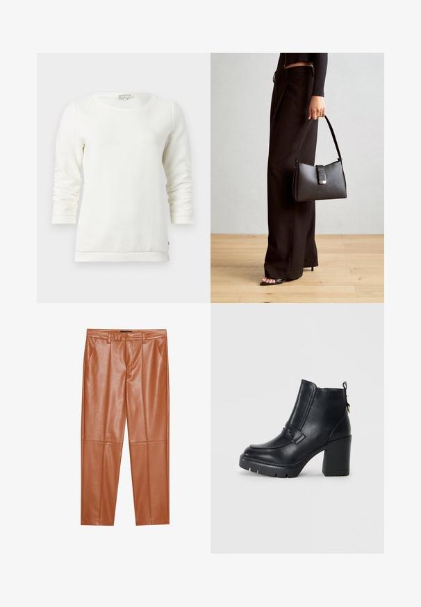 Balta ilgomis rankovėmis sportinė palaidinė su tekstūruotu raštu, apvaliu kaklu ir guma aptrauktomis rankogaliais. Minkšta medžiaga, laisvos formos.; Rudos dirbtinės odos kelnės su pritaikytu siluetu, su priekinių klosčių ir tiesiomis kojomis. Sklandus paviršius be matomų metalinių detalių ar akcentų.; Juodas odinis aukštakulnis batai iki kulkšnies su masyviu kulnu, apvaliu pirštu ir dekoratyvine juostele priekyje. Šone esanti užtrauktuko detalė palengvina dėvėjimą.; Juodas rankinė struktūrizuota forma, lygi tekstūra ir metalinis užsegimas. Suporuota su plačiomis juodomis kelnėmis ir atvirais bateliais ant medinių grindų.