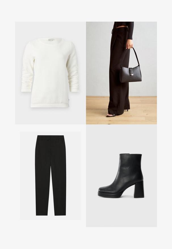 Hvit langermet sweatshirt med teksturert mønster, rund hals og ribbede mansjetter. Mykt stoff med avslappet passform.; Sorte bukser med skreddersydd design, med sidelommer og rett ben. Laget av glatt, lett stoff med en elegant finish.; Sorte skinnankelsko med blokkhæl og plattformsåle, sett fra siden på en enkel hvit bakgrunn.; Svart håndveske med strukturert form, jevn tekstur og metallisk lås. Kombinert med brede svarte bukser og sandaler med åpen tå på tregulv.