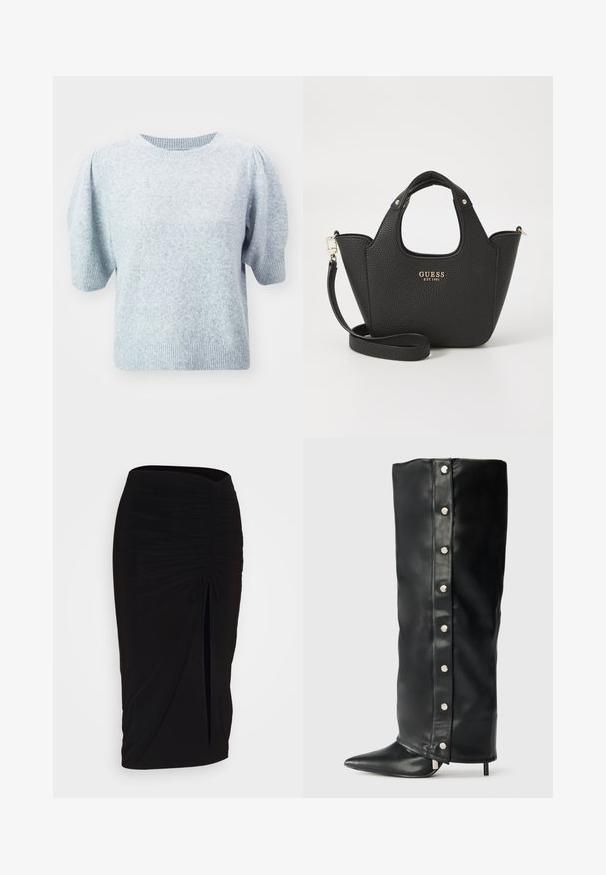 ONLY ONLRICA LIFE PULLOVER - Svetrík - light grey; Čierna, riasená ceruzková sukňa s viazaním a bočným rozparkom. Vyrobená z elastického materiálu, s hladkou textúrou a priliehavým dizajnom.; Čierne kožené vysoké podpätky s priliehavým dizajnom, špicatou špičkou a striebornými cvokovými gombíkmi po stranách.; Čierna textúrovaná kabelka s krátkymi uchami a odnímateľným ramenným popruhom. Vybavená zlatým logom. Kompaktný, štruktúrovaný tvar.